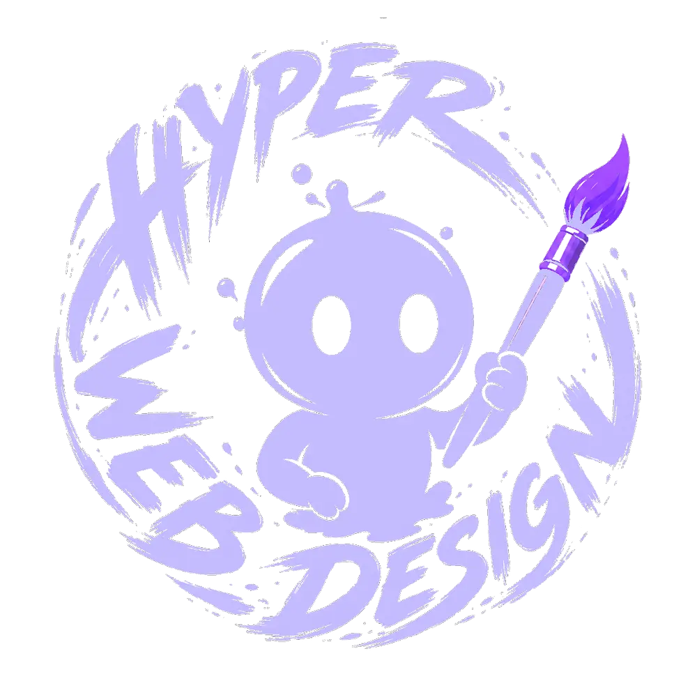 HyperWebDesign — the studio mascot inside a hand-painted wordmark