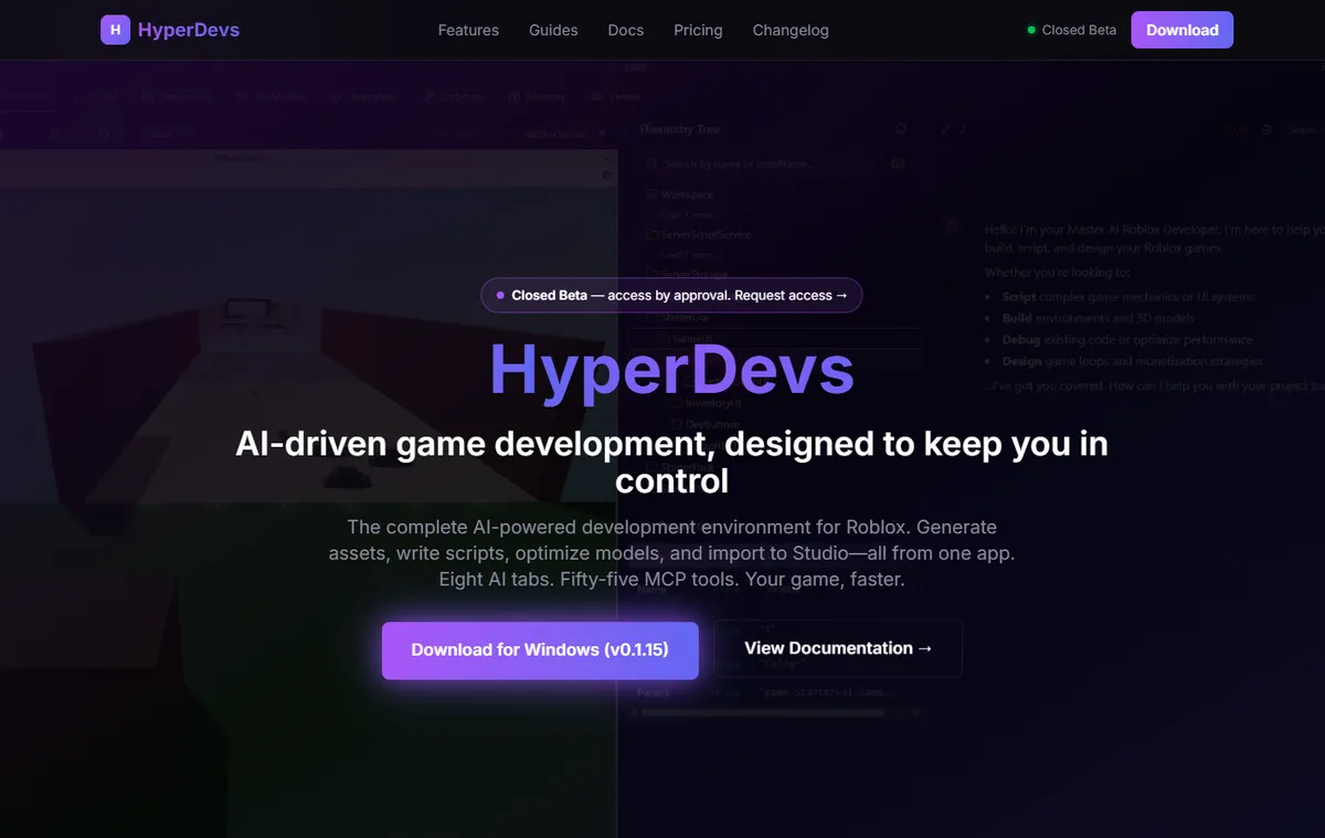 HyperDevs — AI-driven game development platform, landing page