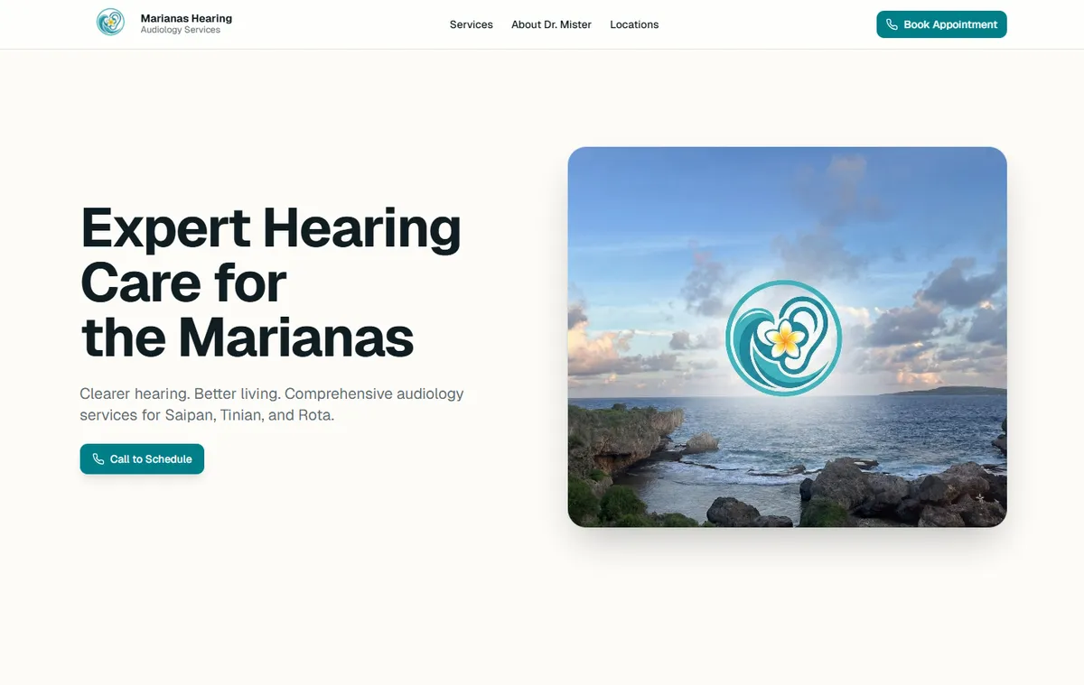 Marianas Hearing — audiology clinic website, homepage